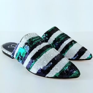 Sz 6 Jessica Simpson Marine Sequin Stripe Pointed Mule Flats NWT